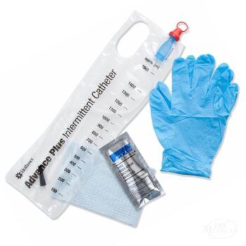 96104 Hollister Advance Plus Catheter Kit with gloves, wipes, introducer tip, and insertion supplies