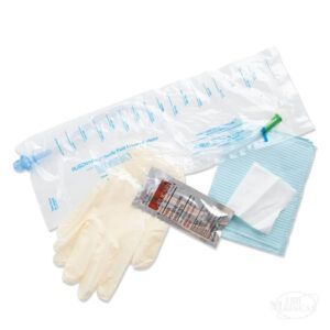 MMG RLA 1423 male hydrophilic closed system catheter with insertion supplies and attached bag